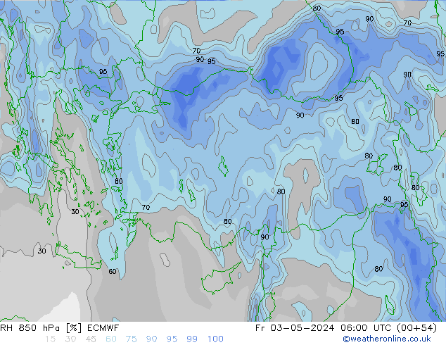 RH 850 hPa ECMWF ven 03.05.2024 06 UTC