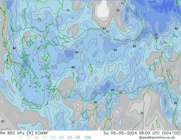 Humidité rel. 850 hPa ECMWF dim 05.05.2024 06 UTC