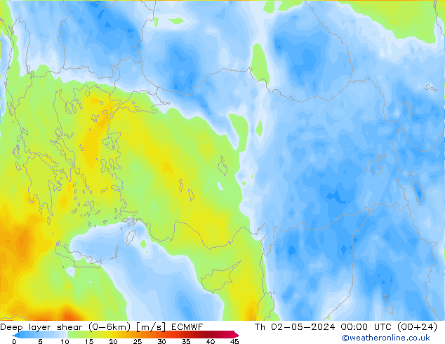 Deep layer shear (0-6km) ECMWF jeu 02.05.2024 00 UTC