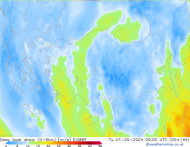 Deep layer shear (0-6km) ECMWF  07.05.2024 00 UTC