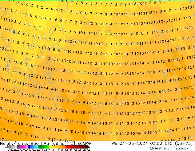 Height/Temp. 850 hPa ECMWF We 01.05.2024 03 UTC