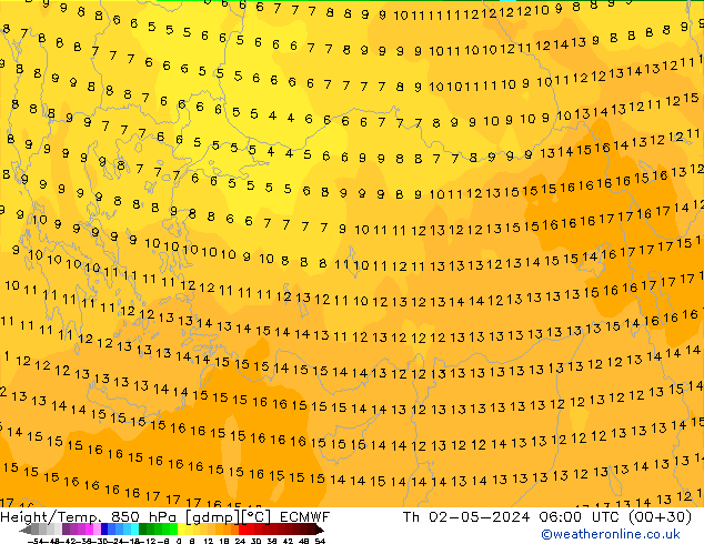 Height/Temp. 850 hPa ECMWF Th 02.05.2024 06 UTC