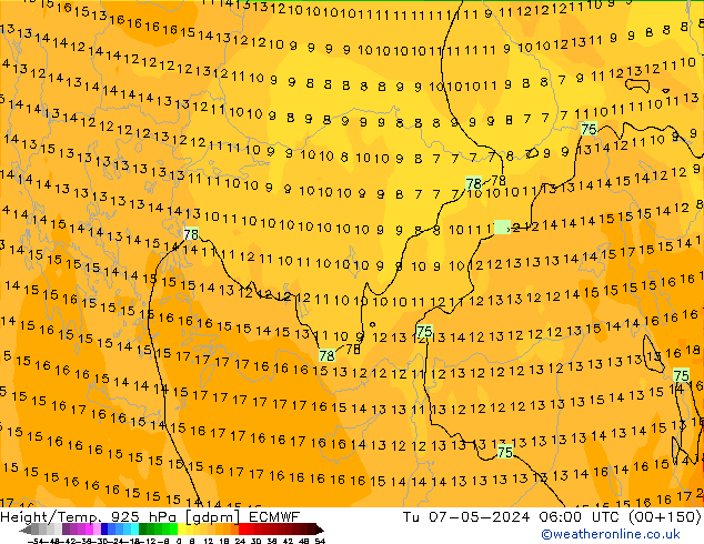 Height/Temp. 925 hPa ECMWF Tu 07.05.2024 06 UTC