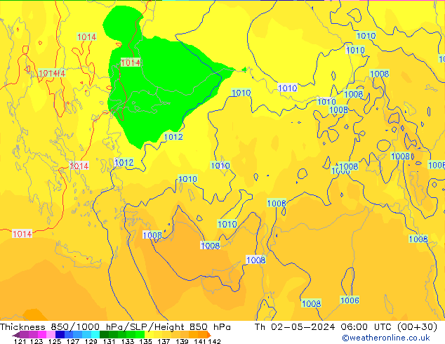 Thck 850-1000 hPa ECMWF Čt 02.05.2024 06 UTC