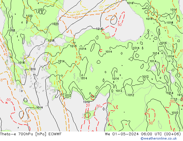 Theta-e 700hPa ECMWF We 01.05.2024 06 UTC