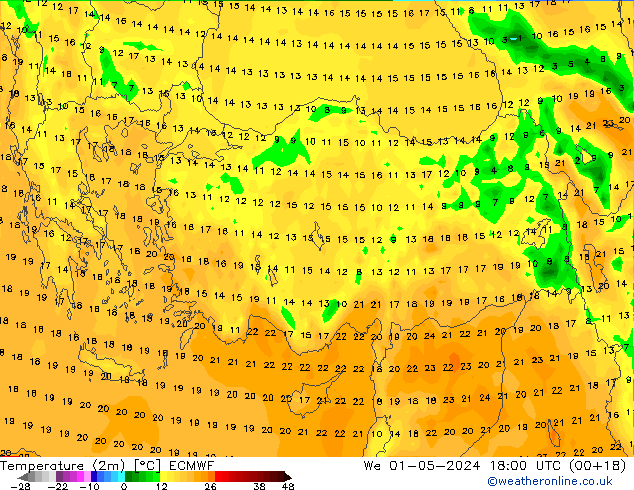 Temperature (2m) ECMWF We 01.05.2024 18 UTC