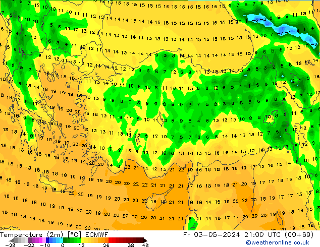 Sıcaklık Haritası (2m) ECMWF Cu 03.05.2024 21 UTC