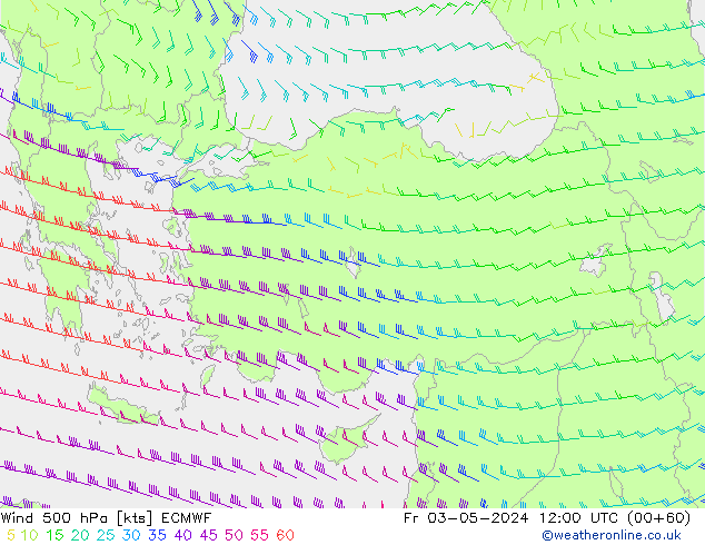 Vento 500 hPa ECMWF ven 03.05.2024 12 UTC