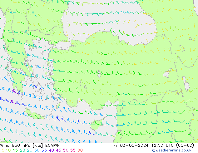 Vento 850 hPa ECMWF ven 03.05.2024 12 UTC