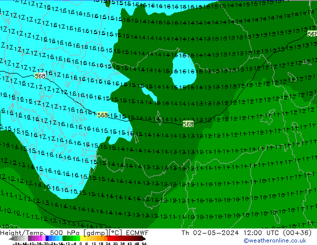 Height/Temp. 500 hPa ECMWF Čt 02.05.2024 12 UTC