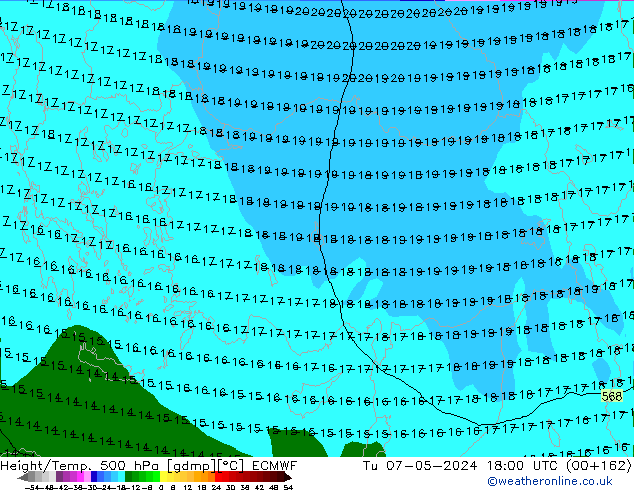 Z500/Rain (+SLP)/Z850 ECMWF wto. 07.05.2024 18 UTC