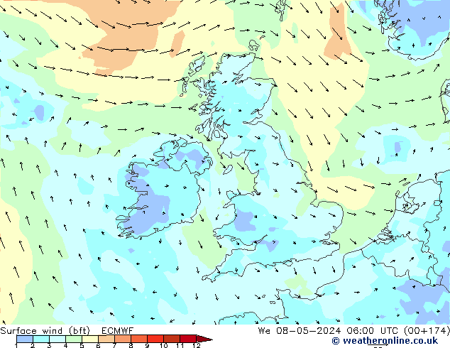 Surface wind (bft) ECMWF We 08.05.2024 06 UTC