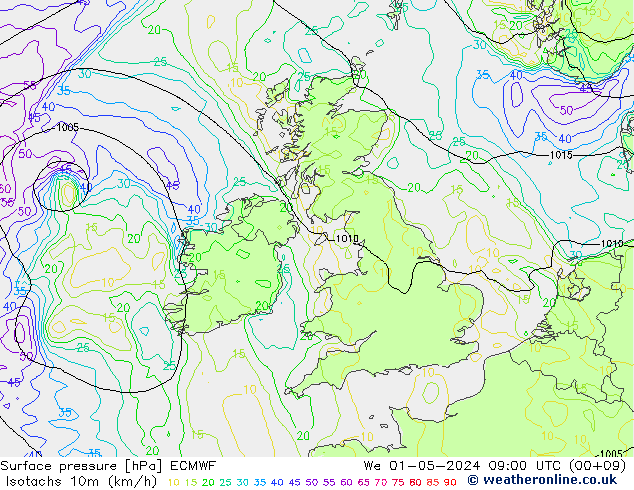 Isotachs (kph) ECMWF Qua 01.05.2024 09 UTC