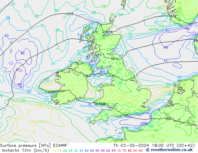 Isotachs (kph) ECMWF чт 02.05.2024 18 UTC