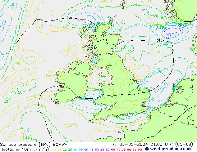 Izotacha (km/godz) ECMWF pt. 03.05.2024 21 UTC