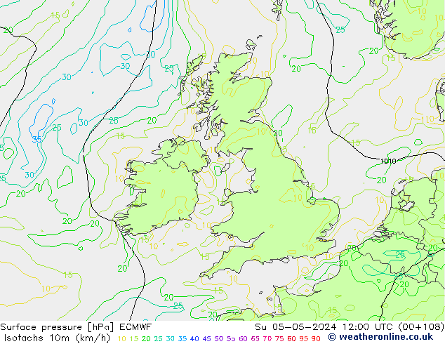 Isotachs (kph) ECMWF Su 05.05.2024 12 UTC