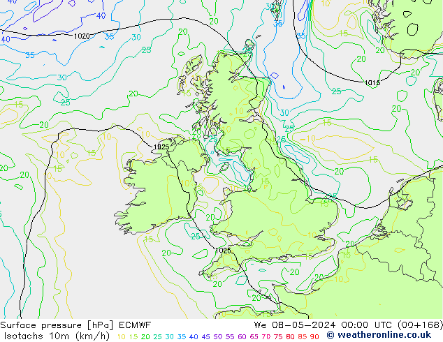 Izotacha (km/godz) ECMWF śro. 08.05.2024 00 UTC