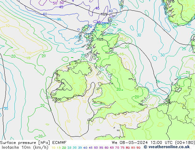 Izotacha (km/godz) ECMWF śro. 08.05.2024 12 UTC