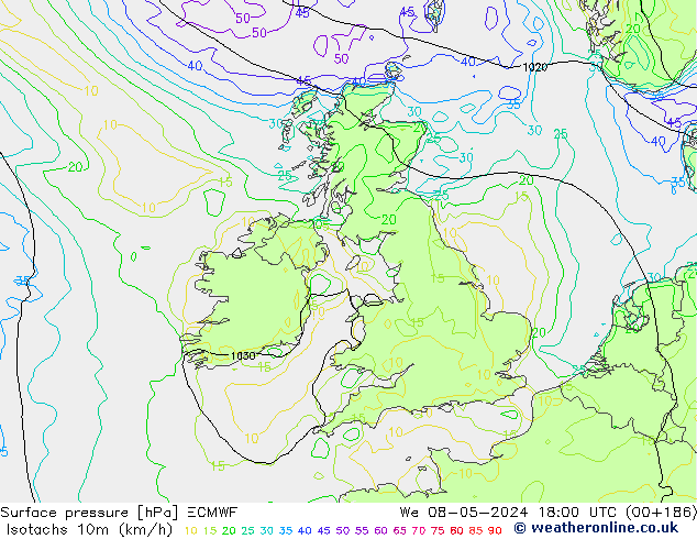 Isotachs (kph) ECMWF We 08.05.2024 18 UTC