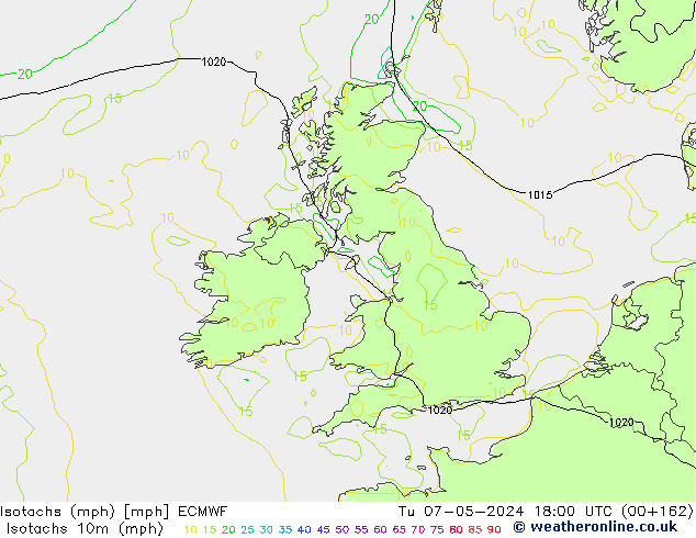 Isotachs (mph) ECMWF Út 07.05.2024 18 UTC