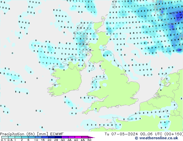 Precipitation (6h) ECMWF Tu 07.05.2024 06 UTC