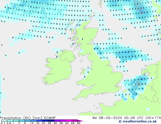 Precipitation (6h) ECMWF We 08.05.2024 06 UTC