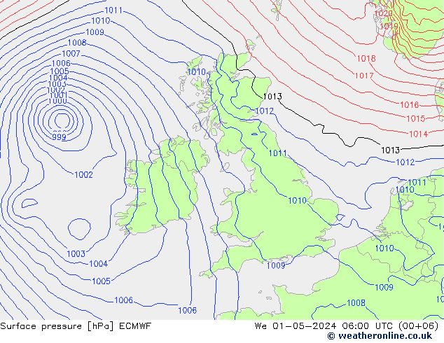 Surface pressure ECMWF We 01.05.2024 06 UTC