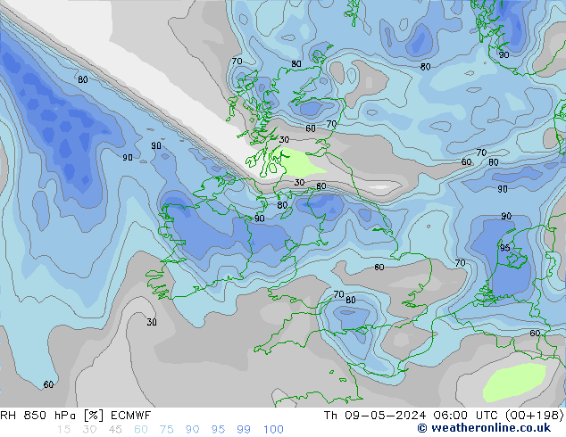 RH 850 гПа ECMWF чт 09.05.2024 06 UTC