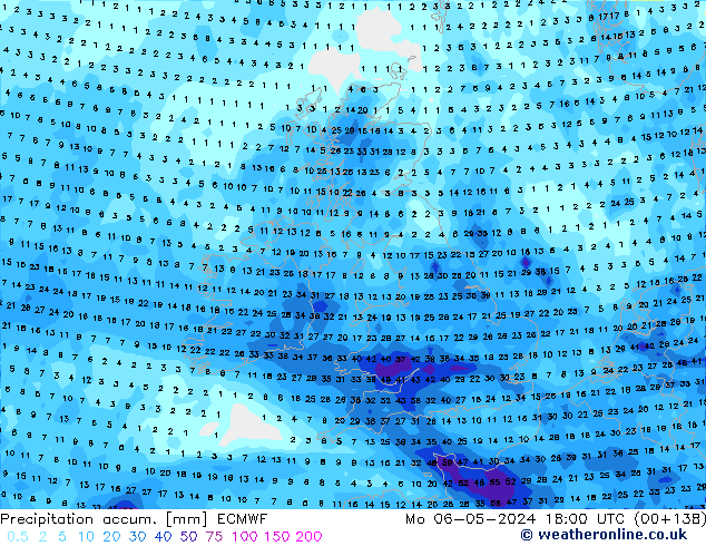 Precipitation accum. ECMWF Mo 06.05.2024 18 UTC