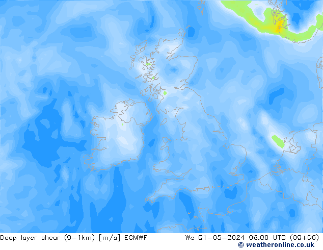 Deep layer shear (0-1km) ECMWF St 01.05.2024 06 UTC