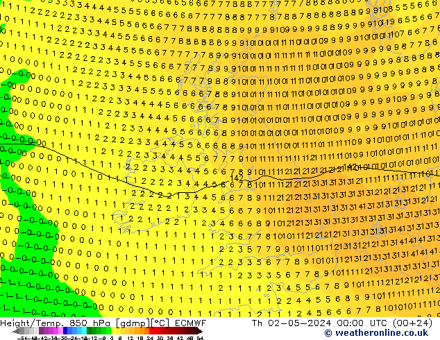 Z500/Rain (+SLP)/Z850 ECMWF Čt 02.05.2024 00 UTC