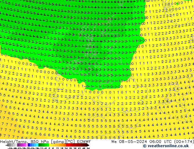 Géop./Temp. 850 hPa ECMWF mer 08.05.2024 06 UTC