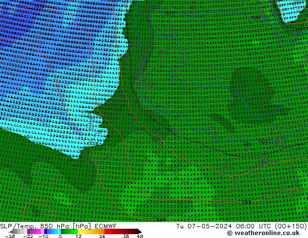 850 hPa Yer Bas./Sıc ECMWF Sa 07.05.2024 06 UTC