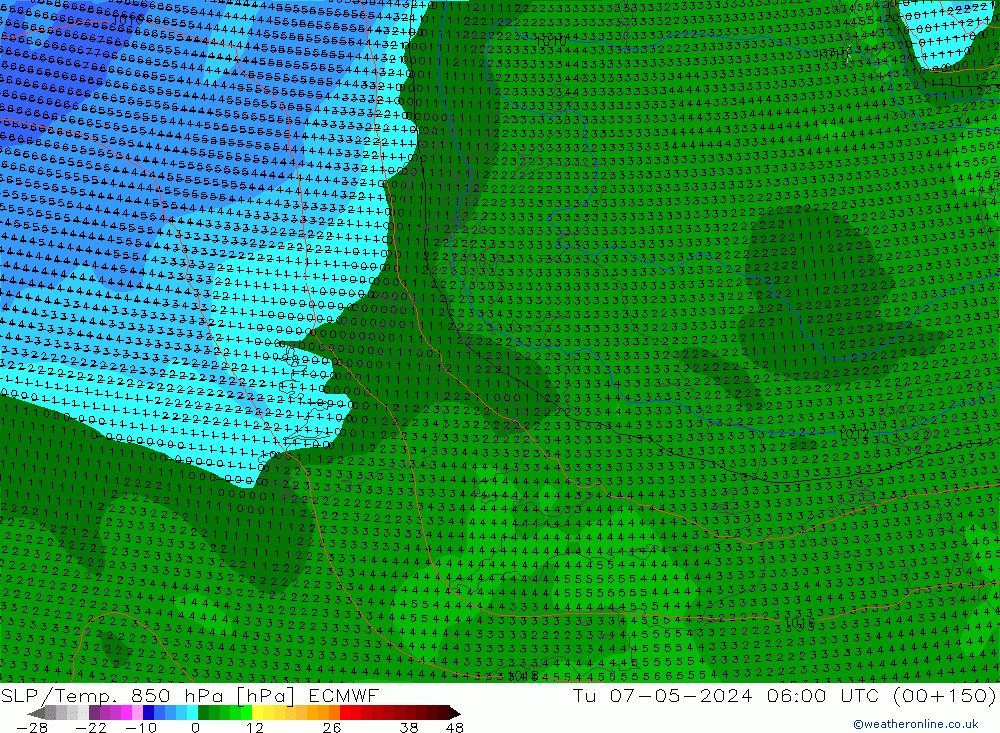 850 hPa Yer Bas./Sıc ECMWF Sa 07.05.2024 06 UTC