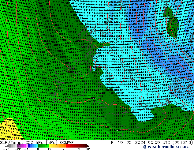 SLP/Temp. 850 hPa ECMWF vr 10.05.2024 00 UTC