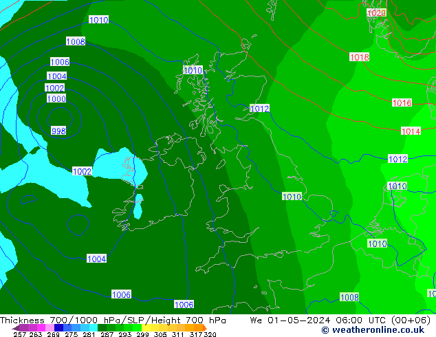 Thck 700-1000 hPa ECMWF We 01.05.2024 06 UTC