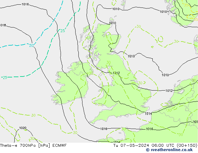 Theta-e 700hPa ECMWF Tu 07.05.2024 06 UTC