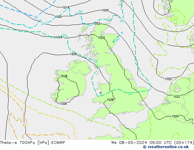 Theta-e 700hPa ECMWF We 08.05.2024 06 UTC