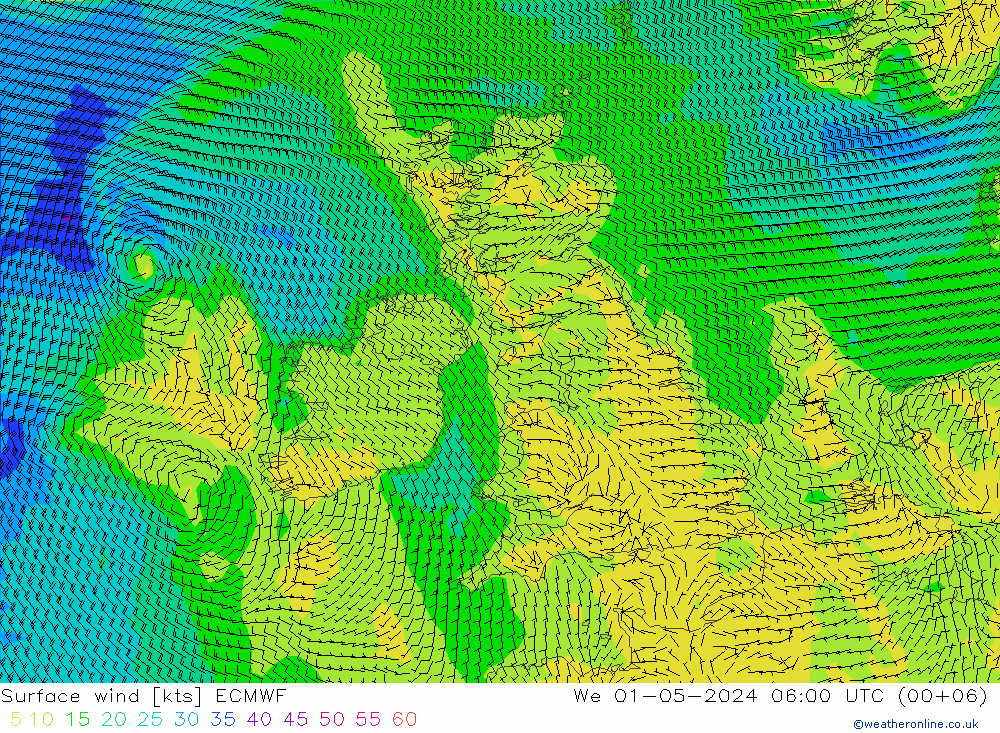 Surface wind ECMWF We 01.05.2024 06 UTC