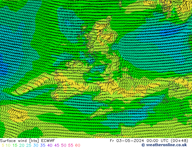 Vento 10 m ECMWF ven 03.05.2024 00 UTC