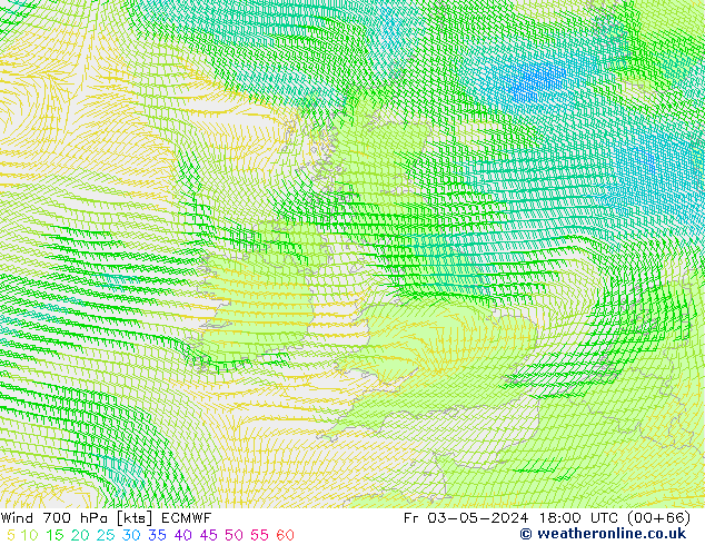 wiatr 700 hPa ECMWF pt. 03.05.2024 18 UTC