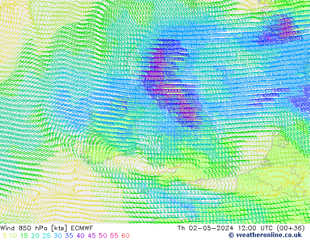 wiatr 850 hPa ECMWF czw. 02.05.2024 12 UTC