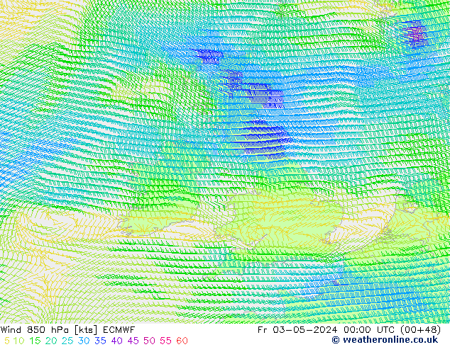 Vento 850 hPa ECMWF ven 03.05.2024 00 UTC