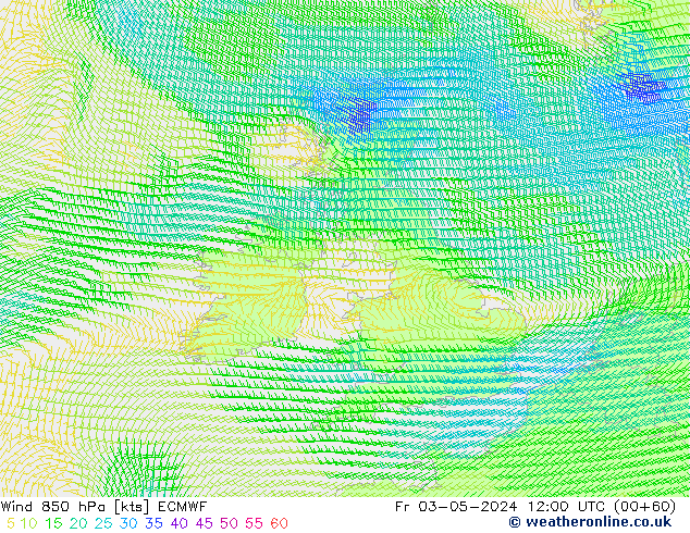 Viento 850 hPa ECMWF vie 03.05.2024 12 UTC