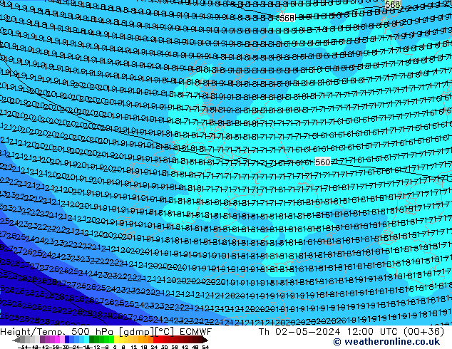 Z500/Rain (+SLP)/Z850 ECMWF jue 02.05.2024 12 UTC