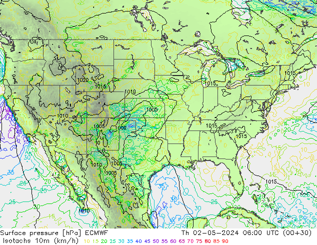 Isotachs (kph) ECMWF Th 02.05.2024 06 UTC