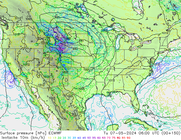 Isotachs (kph) ECMWF вт 07.05.2024 06 UTC