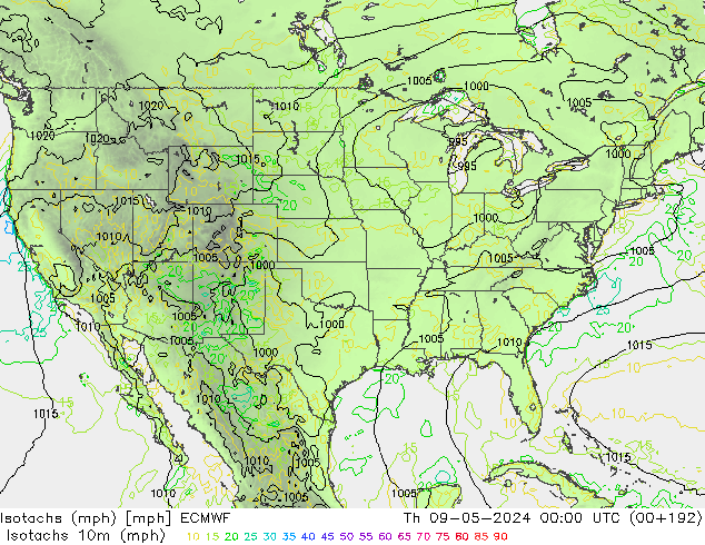 Isotachs (mph) ECMWF Čt 09.05.2024 00 UTC