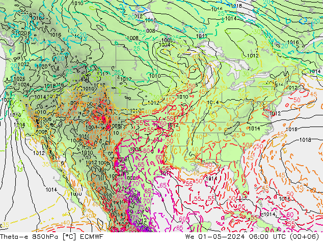 Theta-e 850hPa ECMWF mer 01.05.2024 06 UTC