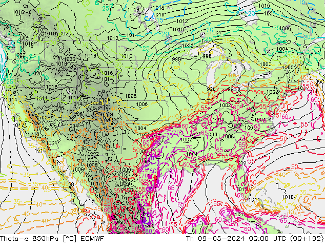 Theta-e 850hPa ECMWF Čt 09.05.2024 00 UTC